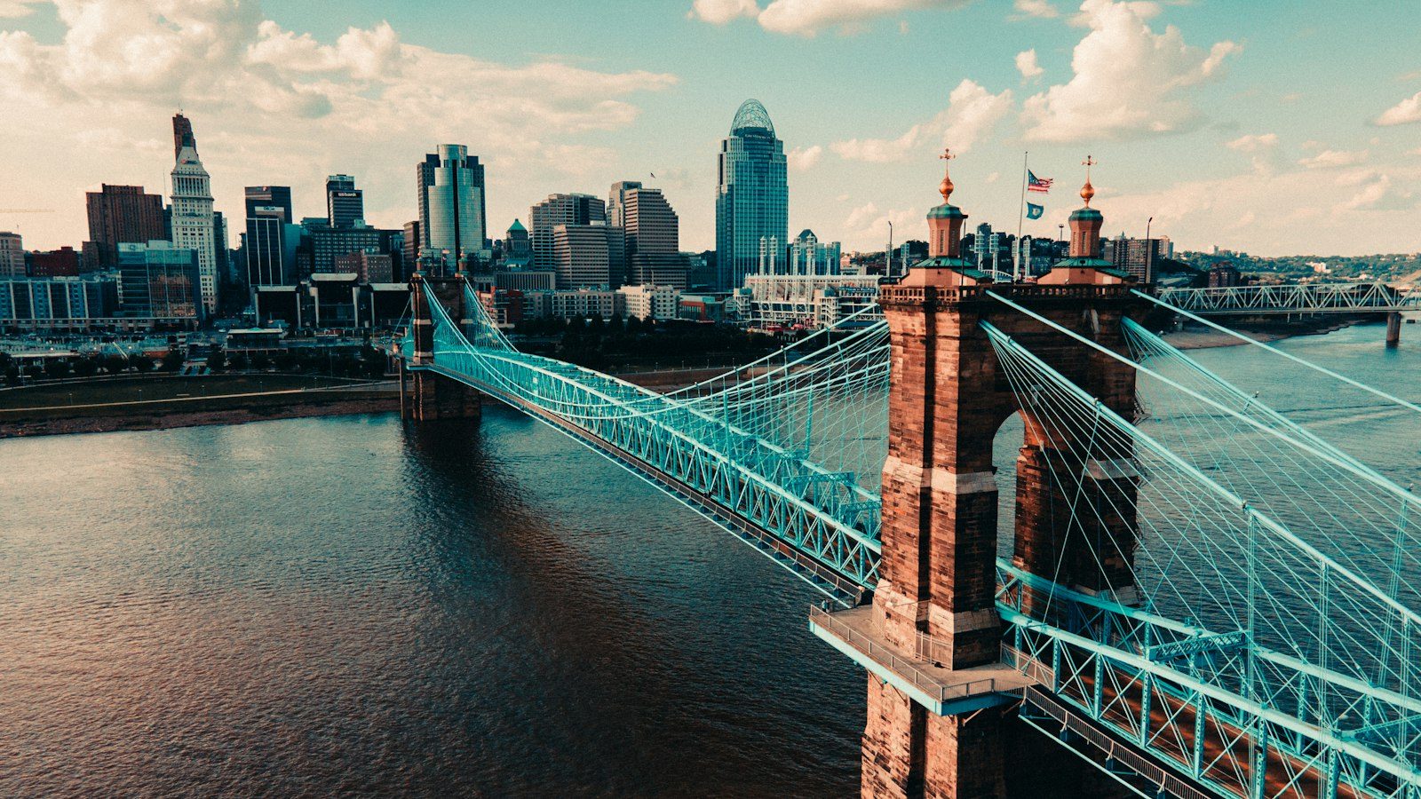 Cincinnati skyline and the Roebling Suspension Bridge over the Ohio River